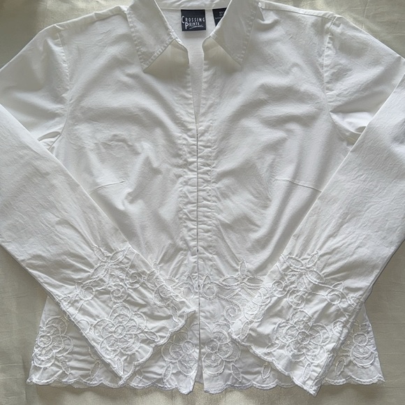 Crossing Pointe White Long Sleeve Embroidery Embellished Button Down Shirt Sz L - Picture 7 of 11